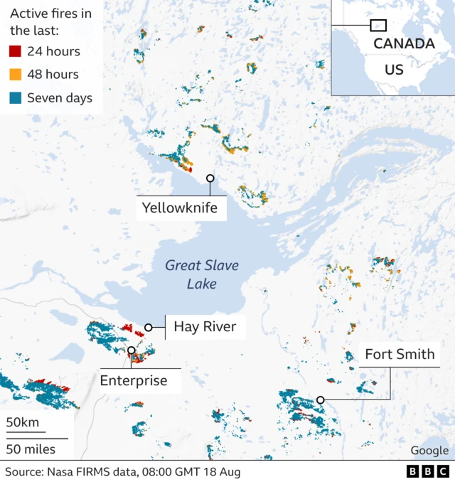 Map shows location of wildfires in central Canada