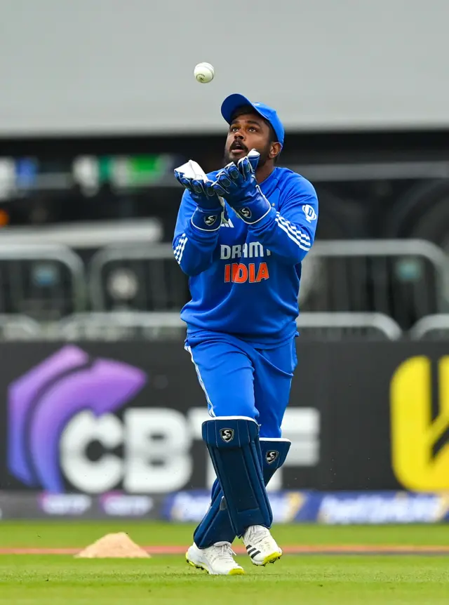 India wicketkeeper Sanju Samson takes the wicket of Ireland's Lorcan Tucker