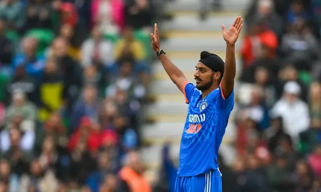 India bowler Arshdeep Singh celebrates after claiming the wicket of Ireland's Curtis Campher