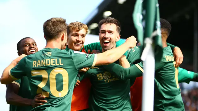 Ryan Hardie of Plymouth Argyle celebrates against Huddersfield on opening day