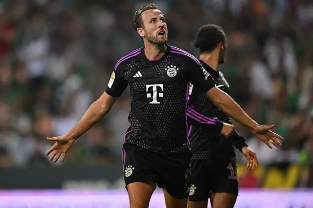 Harry Kane celebrates his first goal for Bayern Munich