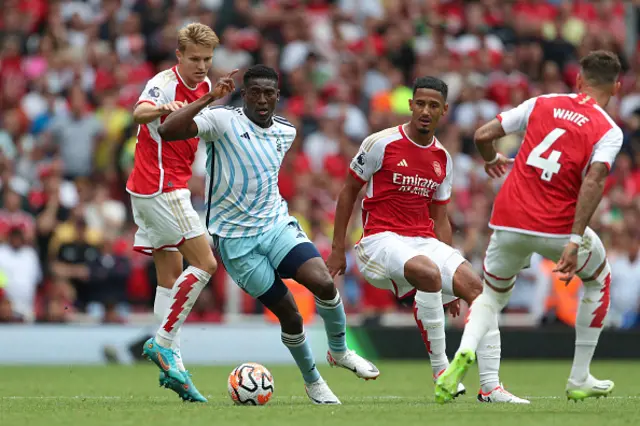 Taiwo Awoniyi on the ball against Arsenal