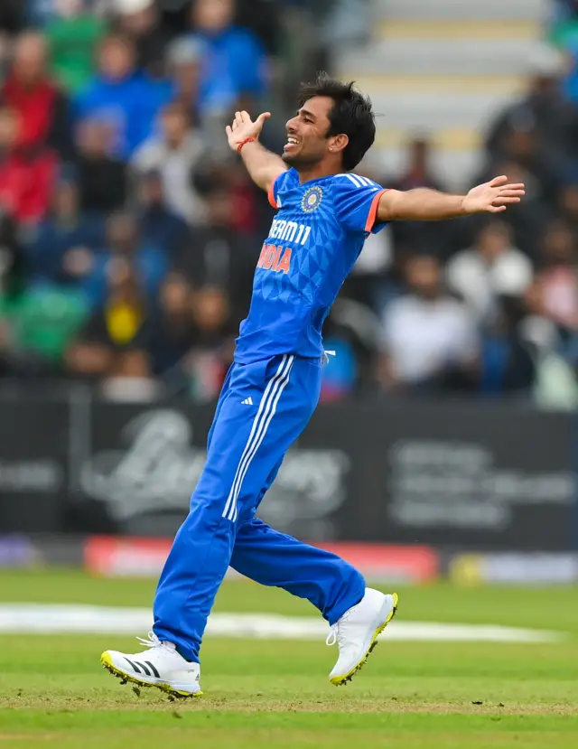 India bowler Ravi Bishnoi appeals for the wicket of Ireland's Mark Adair