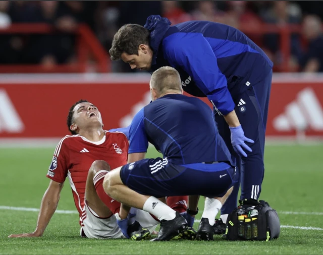 Brennan Johnson with physios on the pitch