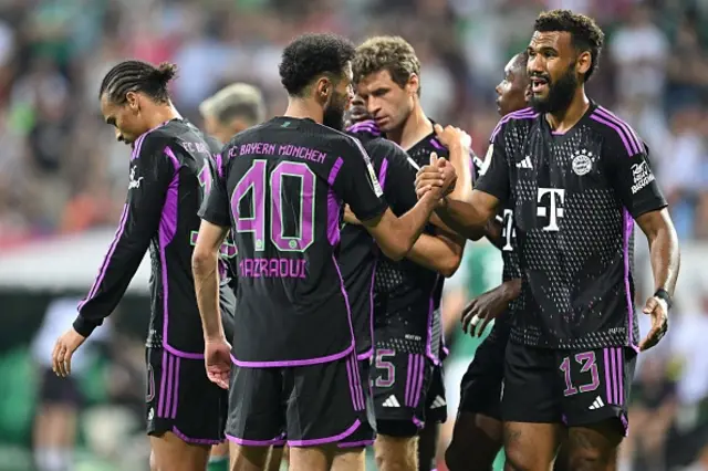 Bayern players celebrate Sane goal