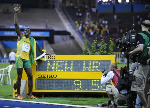 Usain Bolt poses after world record