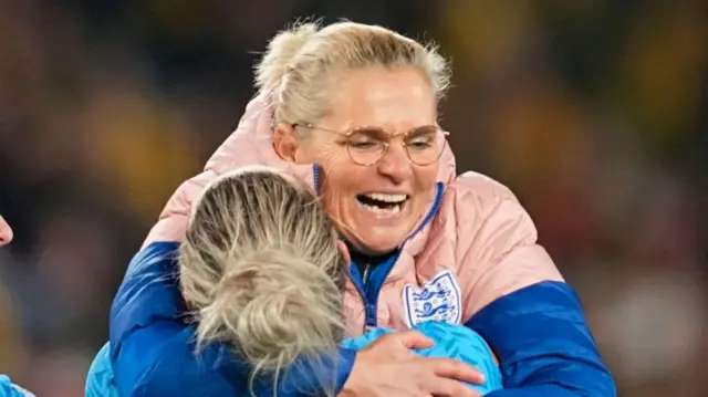 Sarina Wiegman celebrates with Millie Bright