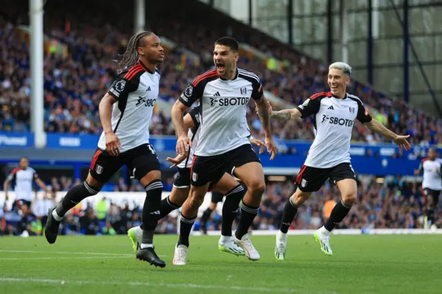 Mitrovic celebrates Fulham's goal at Everton with teammates.