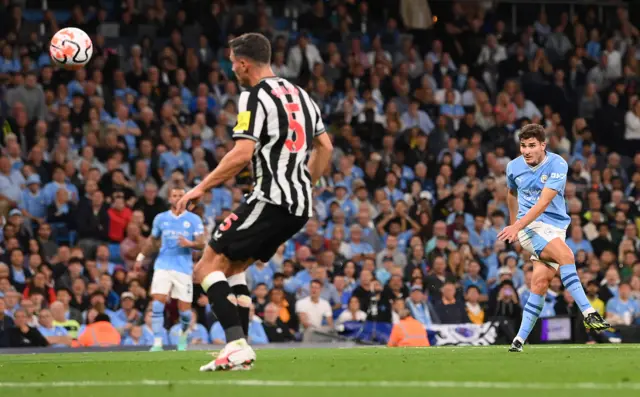 Julian Alvarez scores for Manchester City against Newcastle