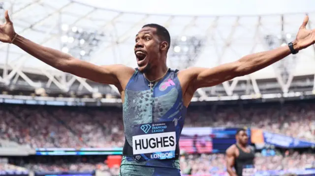 Zharnel Hughes celebrates at London Diamond League