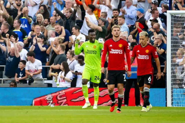 United players trudge back to kick off after conceding - Onana shouts at his defenders.