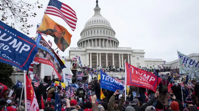 Protesters gather outside the US Capitol on 6 January 2021