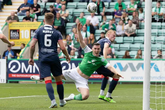 Hibs' Paul Hanlon claims for a penalty
