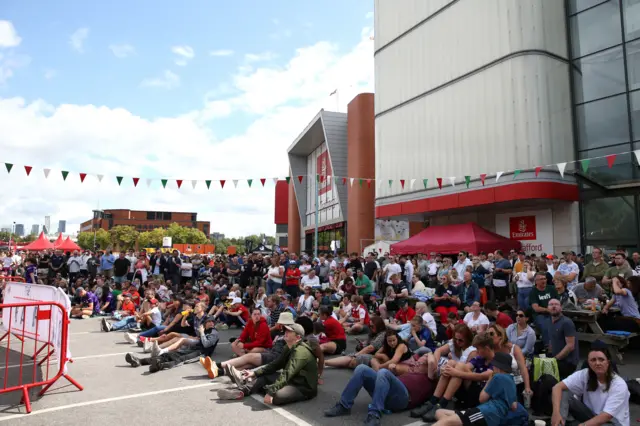 Fans at the Manchester Originals v Northern Superchargers Hundred women's games watch the Women's World Cup final on a big screen