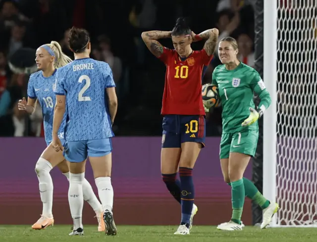 Hermoso holds her hand to her head after missing the penalty.