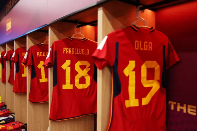 Paralluelo and Olga's shirts hang ready in the dressing room.