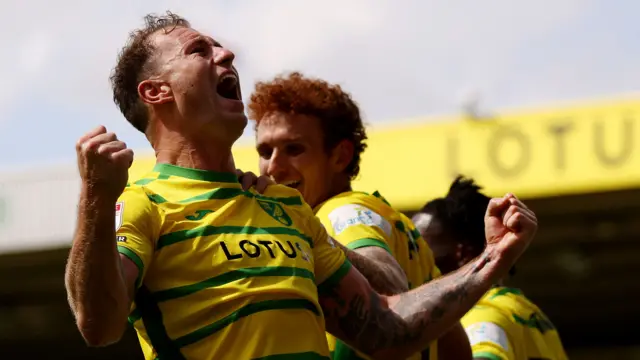 Ashley Barnes celebrates his goal for Norwich against Millwall