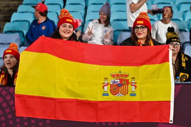 Spain fans hold aloft the country's flag at their seats.