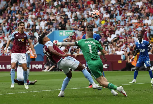 Jordan Pickford fouls Ollie Watkins to concede a penalty