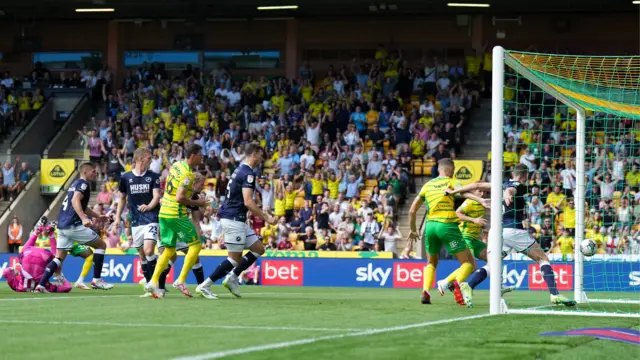 Josh Sargent's header goes into the net to put Norwich 2-0 ahead against Millwall