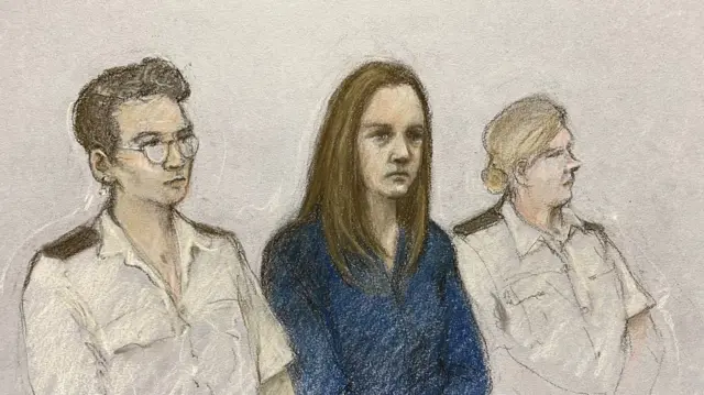 Court drawing of Lucy Letby listening to verdicts being read at Manchester Crown Court, 10 August 2023