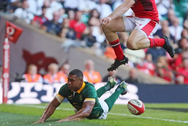 South Africa's Damian Willemse scoring a try during the pre-World Cup Rugby Union match between Wales and South Africa at the weekend.