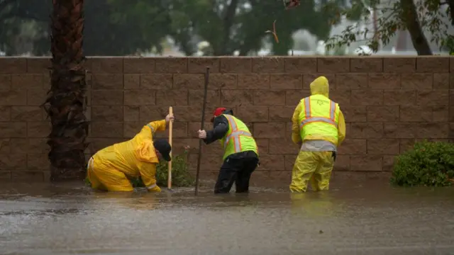 Three people in hi-vis are knee deep in water