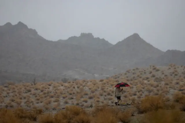 A man walks a desert hiking trail in the rain from Tropical Storm Hilary in Southern California