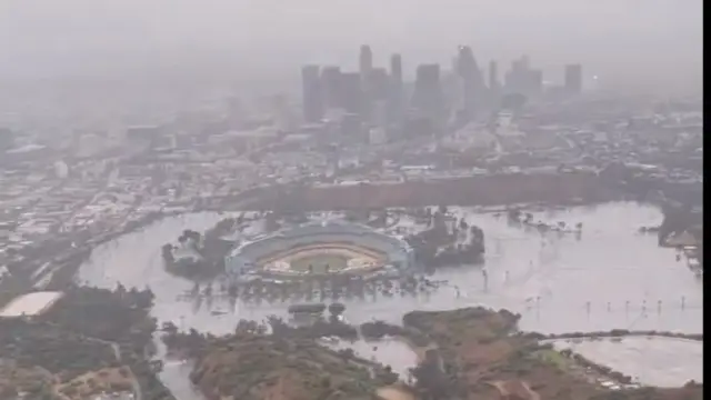 Aerial view of the floods around Dodger Stadium in LA