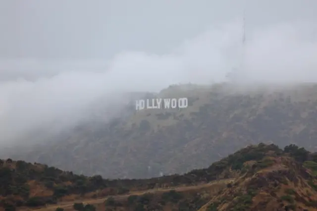 The iconic Hollywood sign during the tropical storm Hilary