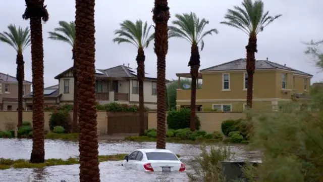 A car submerged in floodwater in Cathedral City, California