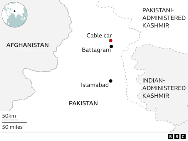 Map showing area where cable car is located in Pakistan