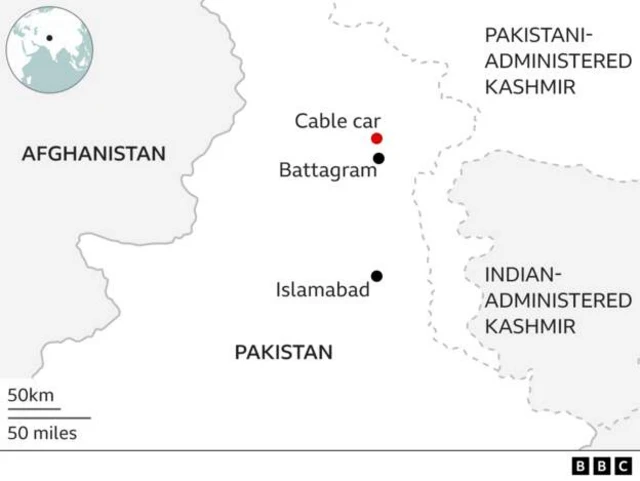 A map showing the location of the cable car with respect to other cities in Pakistan