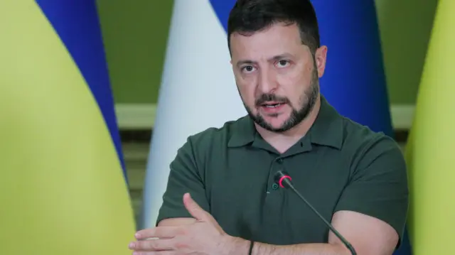 Ukrainian President Volodymyr Zelensky addresses a press conference in Kyiv, Ukraine