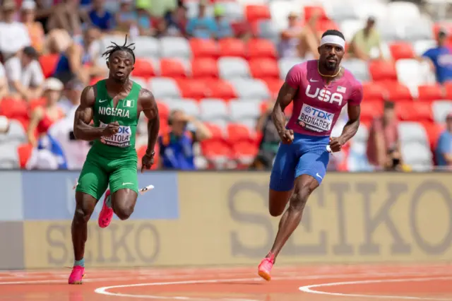 Nigeria's Alaba Akintola running against the USA's Kenneth Bednarek