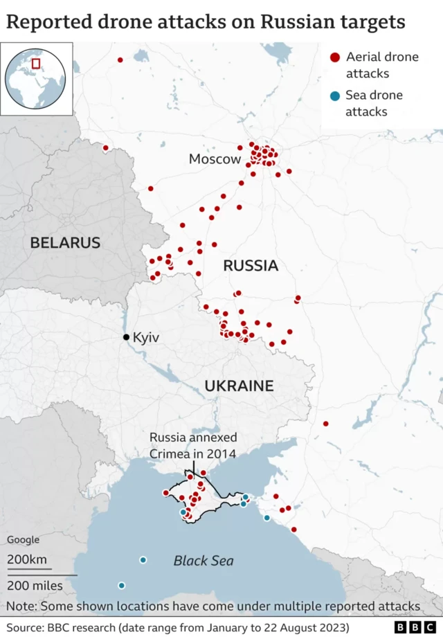 Map showing reported drone attacks on Russian targets