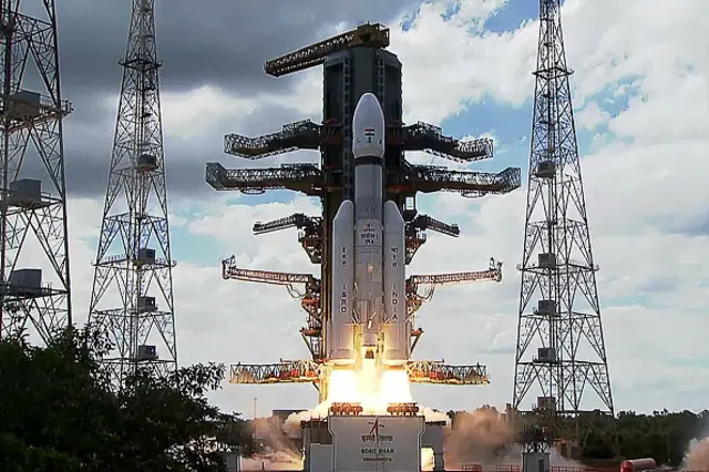 This photo taken on July 14, 2023 shows an Indian Space Research Organisation (ISRO) rocket carrying the Chandrayaan-3 spacecraft lifting off from the Satish Dhawan Space Centre in Sriharikota, off the coast of southern Andhra Pradesh state