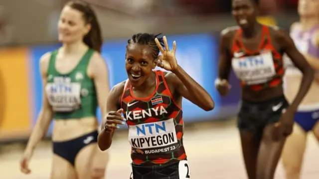 Faith Kipyegon of Kenya celebrates following the women's 1500m final during day four of the World Athletics Championships Budapest 2023 at National Athletics Centre on August 22, 2023 in Budapest, Hungary.