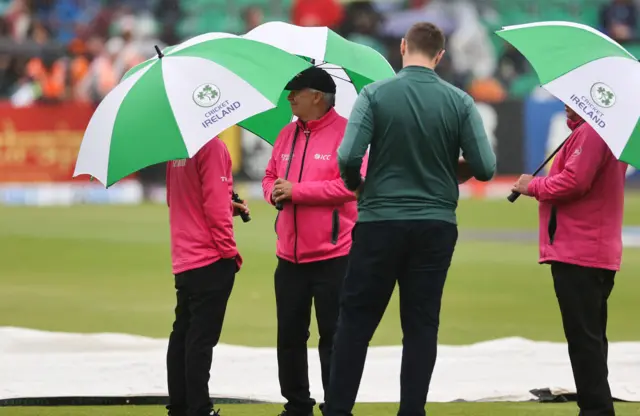 Mark Hawthorne inspects the pitch after rain delays play