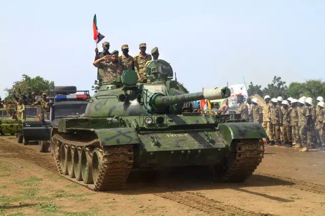 Sudanese armed forces mark Army Day in Sudan's eastern Gadaref State near the border with Ethiopia on August 14, 2023.