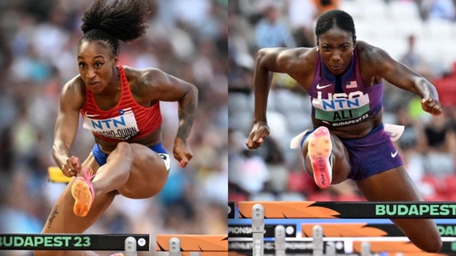 Jasmine Camacho-Quinn and Nia Ali both jump hurdles during the 2023 World Athletics Championships in Budapest, Hungary.