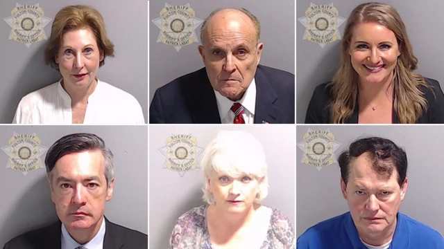 Fulton County, Georgia mugshots of (clockwise from top left): Trump attorneys Sidney Powell, Rudy Giuliani, Jenna Ellis, Ray Smith, former Georgia Republican Party leader Cathy Latham and former Trump campaign attorney Kenneth Chesebro