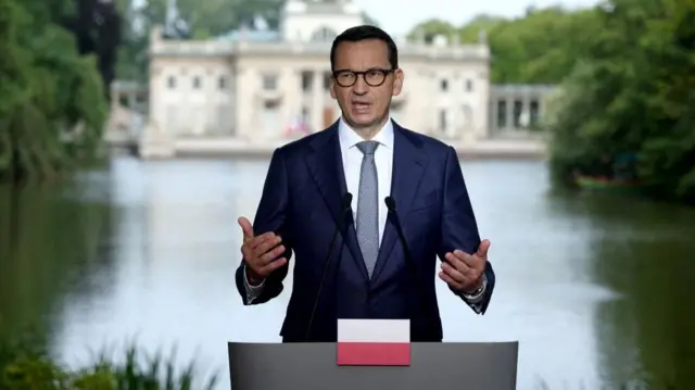 Polish Prime Minister Mateusz Morawiecki hold a joint press conference in Warsaw, Poland, July 5, 2023,