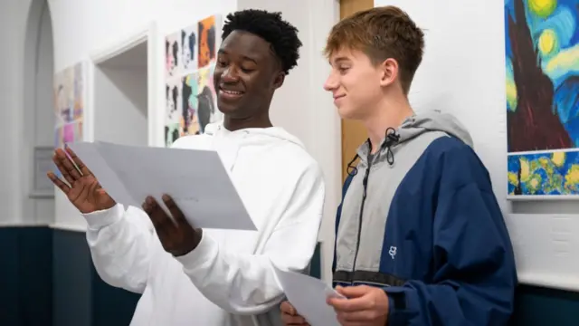 Orphee Bony and Tim Baker open their GCSE results in Swansea, Wales