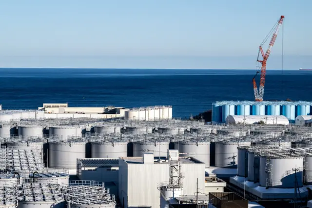 Storage tanks containing the contaminated water located near the sea at the Fukushima plant