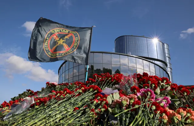 A makeshift memorial near the former PMC Wagner Centre in St Petersburg