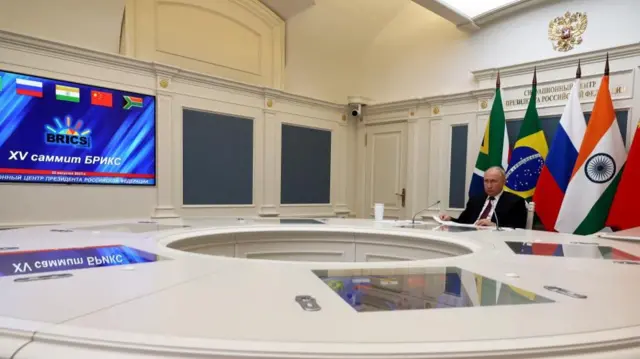 Russian President Vladimir Putin attends a meeting of BRICS leaders via a video link in Moscow, Russia, August 22, 2023