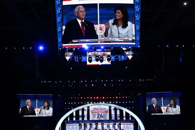 Former Governor of Arkansas Asa Hutchinson, former Governor of New Jersey Chris Christie, former US Vice President Mike Pence, Florida Governor Ron DeSantis, entrepreneur and author Vivek Ramaswamy, former Governor from South Carolina and UN ambassador Nikki Haley, US Senator from South Carolina Tim Scott and North Dakota Governor Doug Burgum, take part in the first Republican Presidential primary debate at the Fiserv Forum in Milwaukee, Wiscons