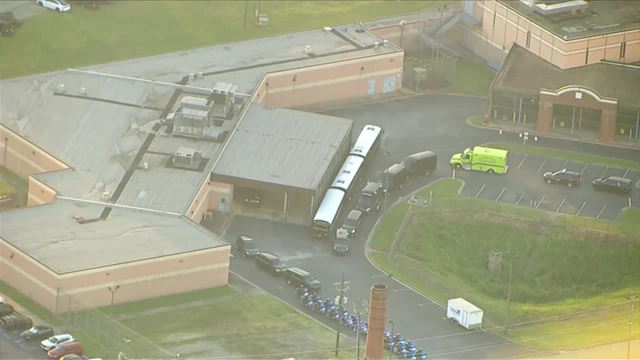 An aerial view of the motorcade at Fulton County jail