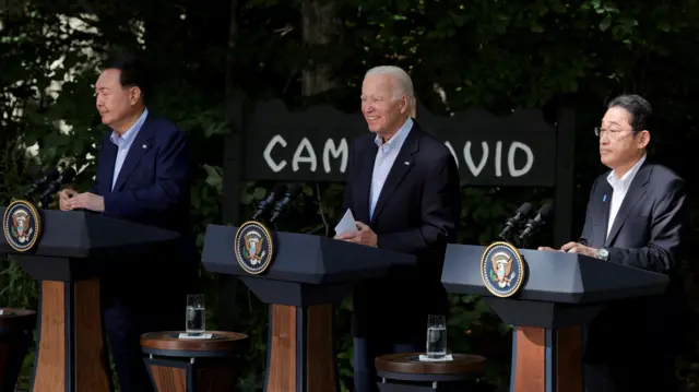 US President Joe Biden holds a joint press conference with Japanese Prime Minister Fumio Kishida and South Korean President Yoon Suk Yeol